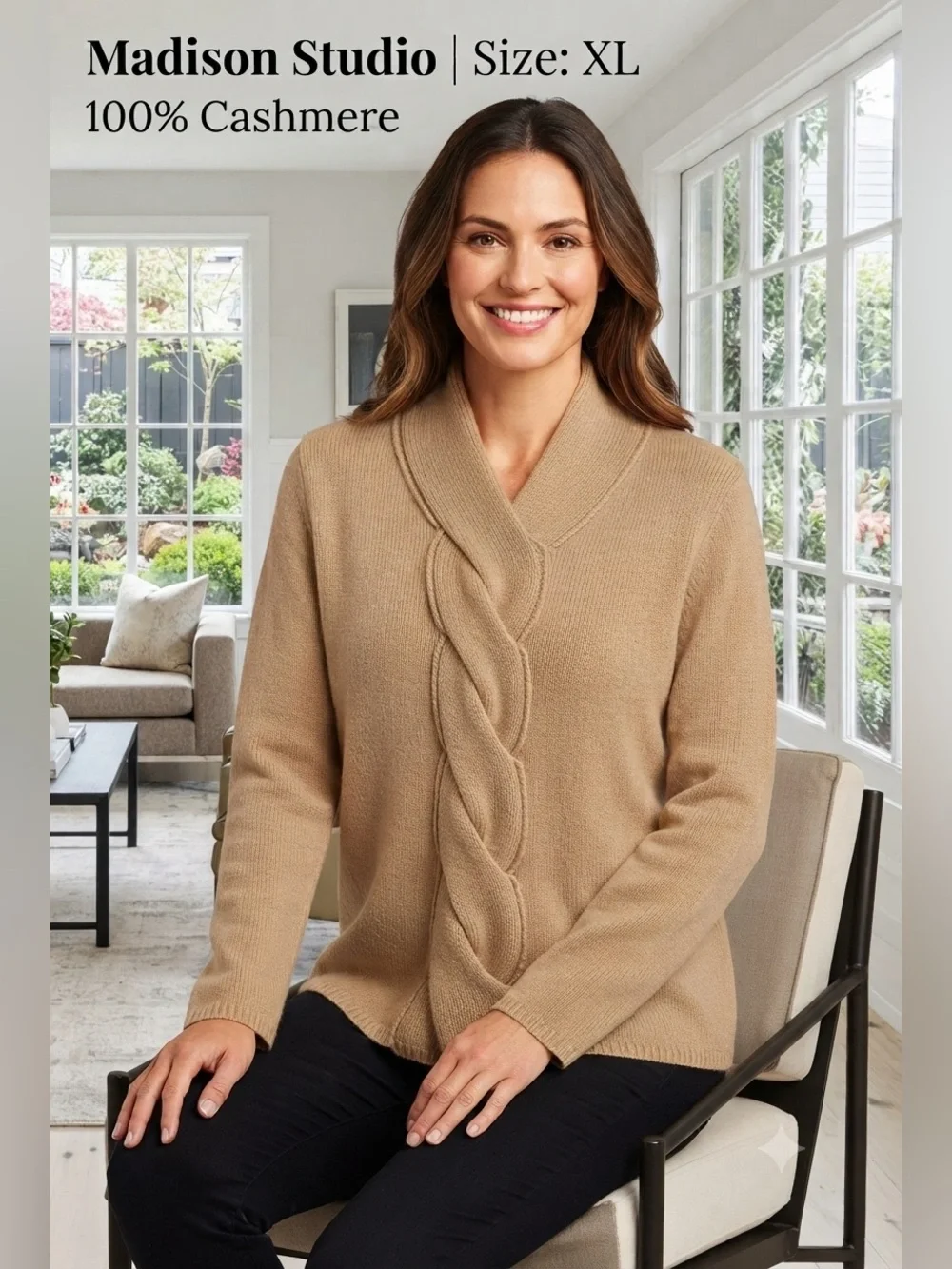 MADISON STUDIO Women's XL Tan 100% Cashmere Shawl Collar Cable Knit Sweater Top - Picture 1 of 15
